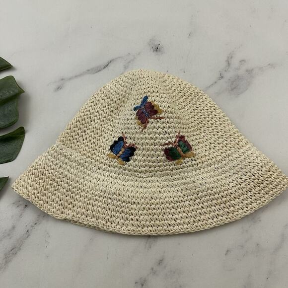 Scala Girl Womens Vintage Y2k Woven Bucket Hat Cream Butterflies Summer Light - Picture 1 of 5